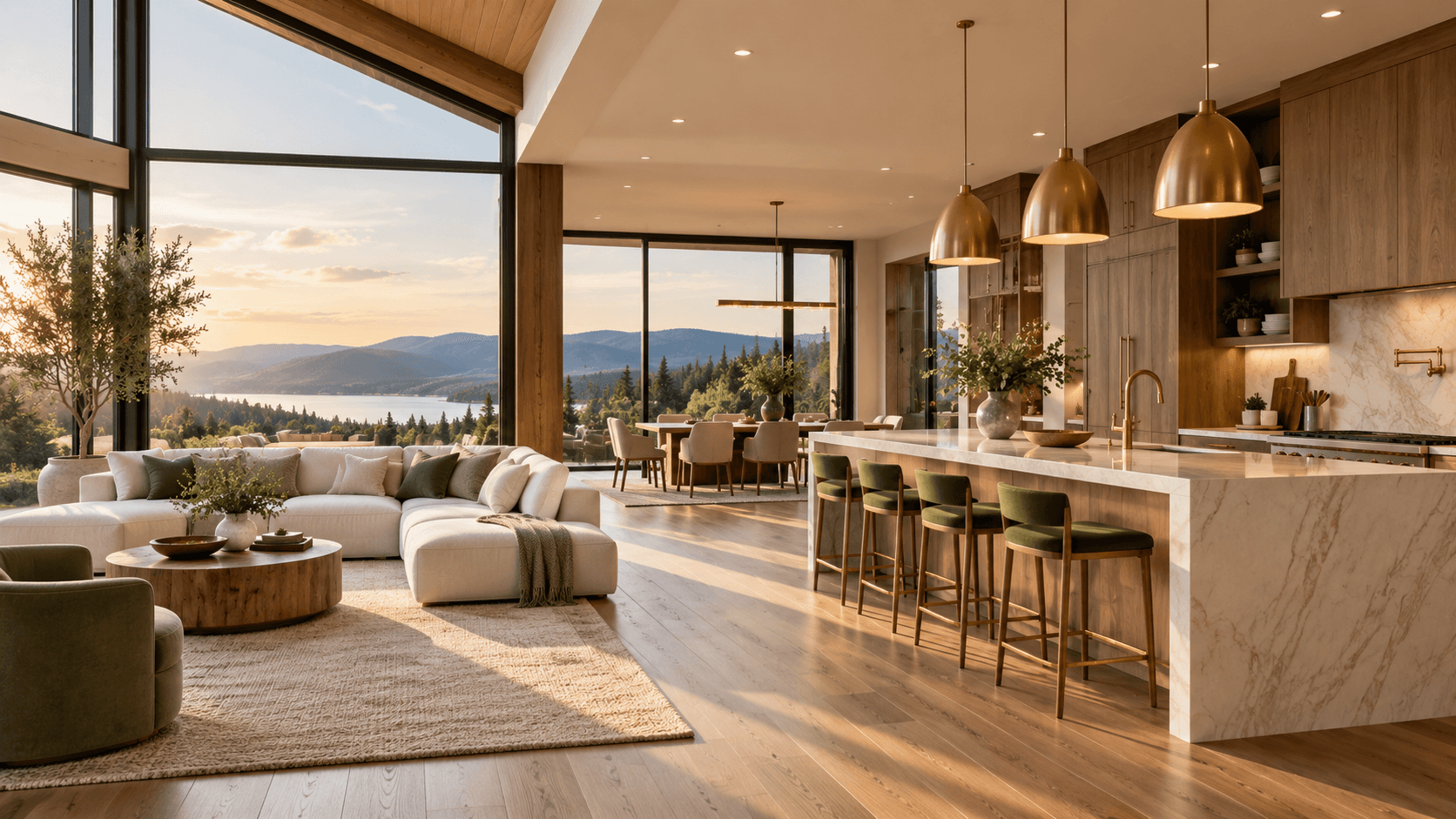 Luxury open-concept interior featuring premium flooring, cabinetry, countertops, and natural light